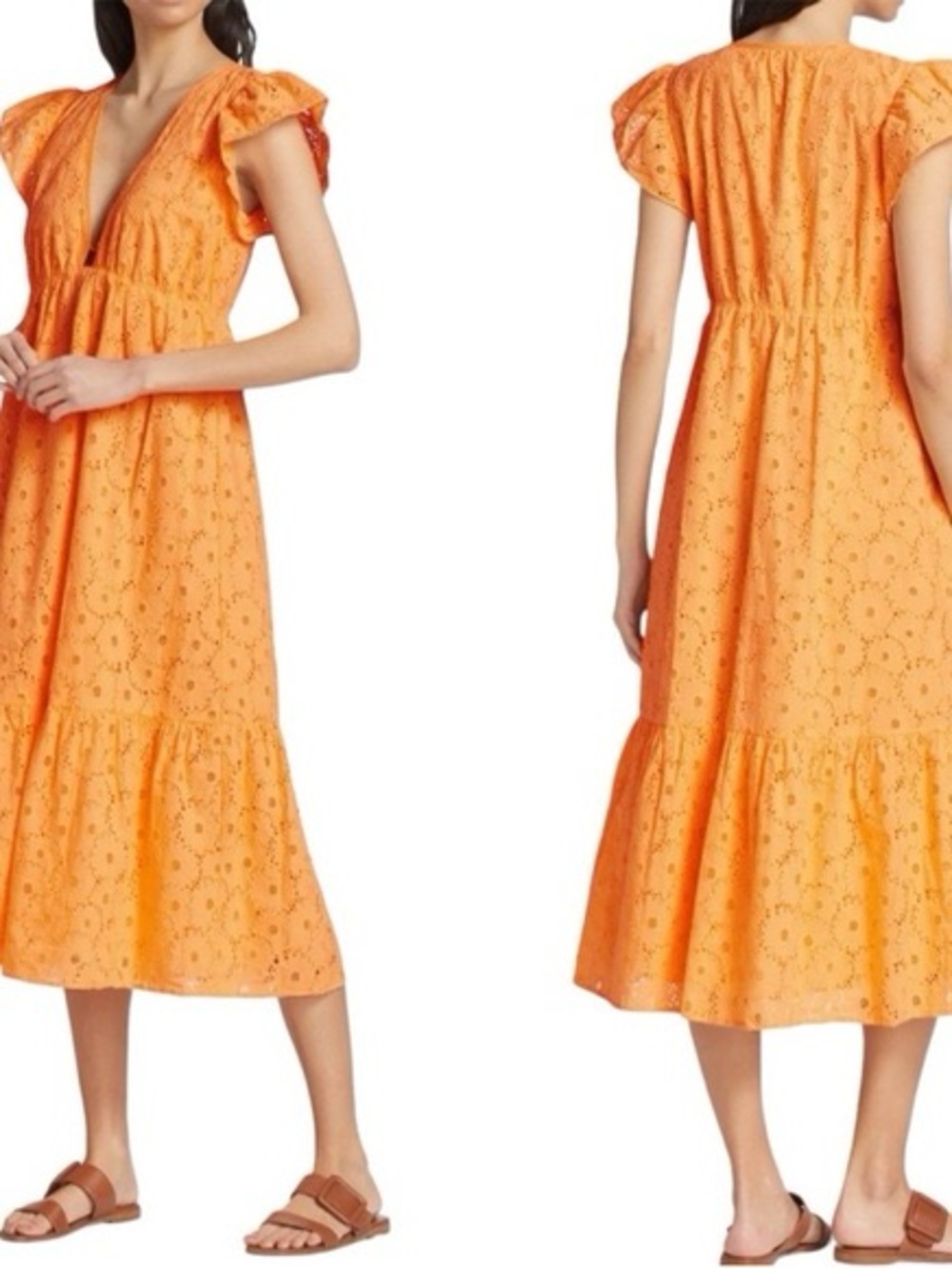 Rails Orange Eyelet V-Neck Midi Dress
